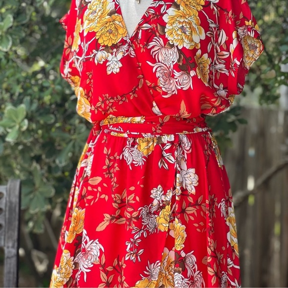 Meghan LA Dresses Red Floral Faux Wrap Maxi Dress By